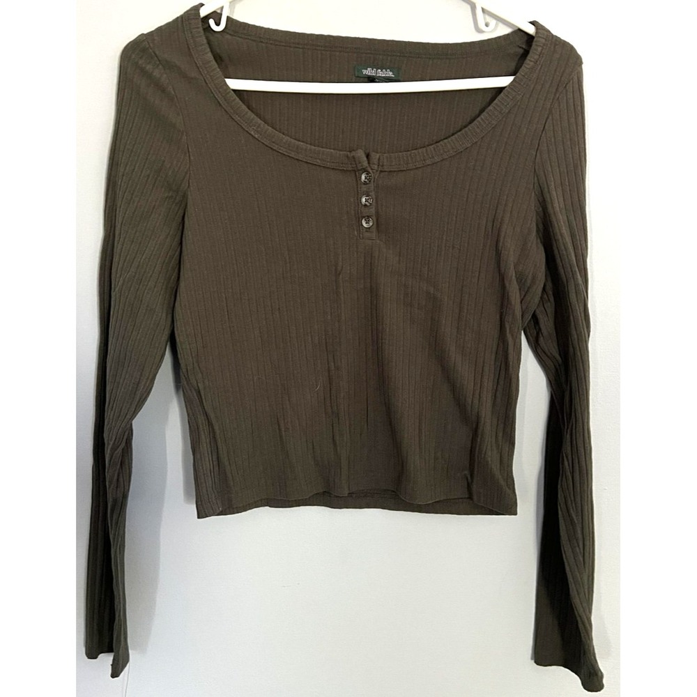 Wild Fable Shirt Womens Small Olive Green Ribbed Long Sleeve Henley Crop Top